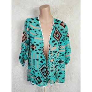 KARLIE Womens Size S Sheer Kimono Green Aztec Print Open Front Roll Tab Sleeve C